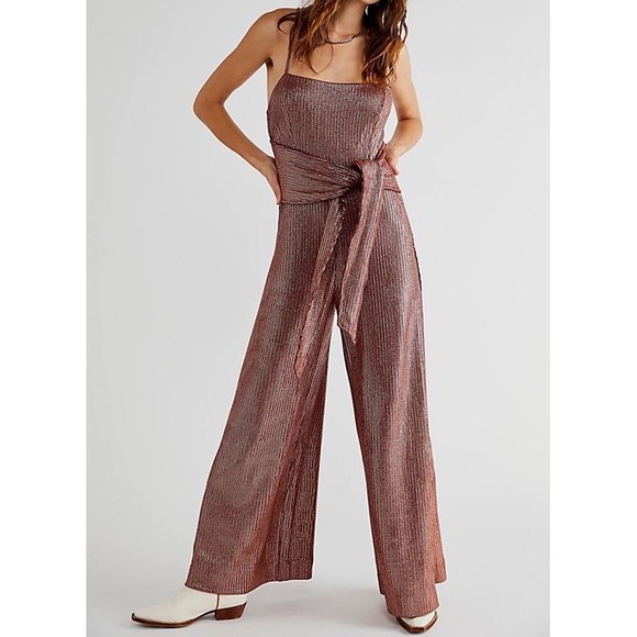 Free People Women's Metallic Wide Leg Jumpsuit Party Evening‎ Occasion Medium E1 - Picture 1 of 8